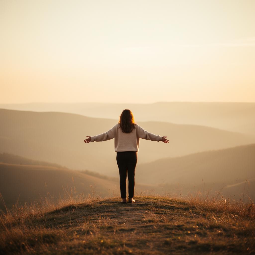 A person standing peacefully at golden hour, representing personal fulfillment and clarity
